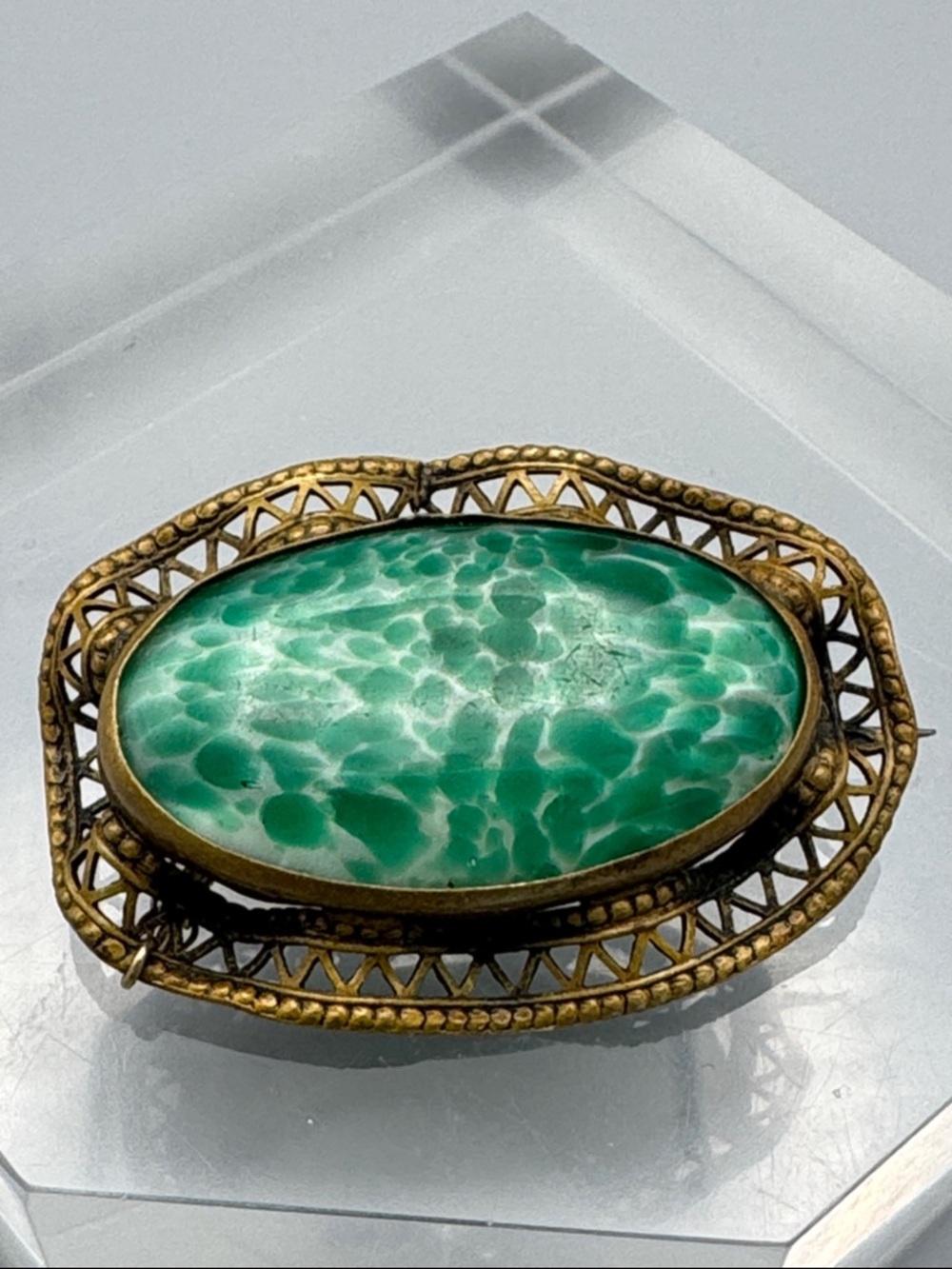 Vintage Green Marbled and Filigree Brooch